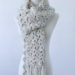 Hand Crocheted Boho Scarf Extra Long with Fringe . Lightweight and cozy .